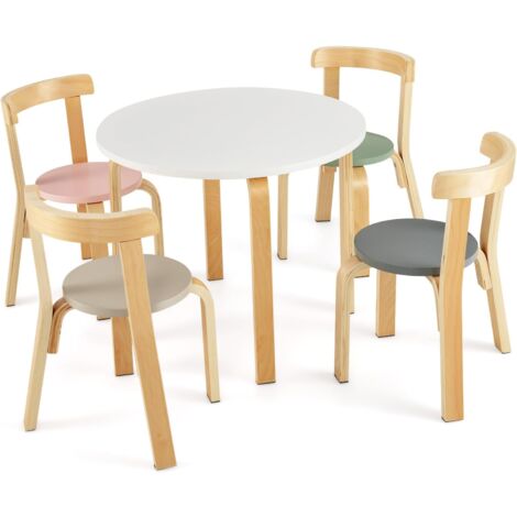GOPLUS Set di 1 Tavolo e 4 Sedia per Bambini 4+ Anni, in Pioppo e Betulla, Schienale Curvo, Superficie Impermeabile, per Camerette Asilo Nido Dipingere Mangiare, Giocare, Carico 25KG (Multicolore)