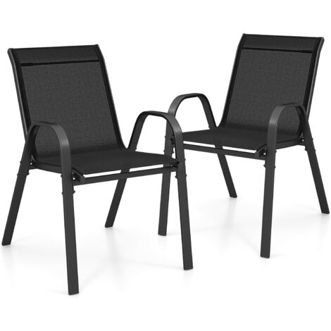 GOPLUS Set di 2/4 Sedie da Giardino Impilabili con Tessuto Resistente alle Intemperie, Poltroncine da Esterno in Metallo per Giardino, Cortile, Portata 150 kg, 56 x 70 x 84 cm (Nero, 2 Pezzi)