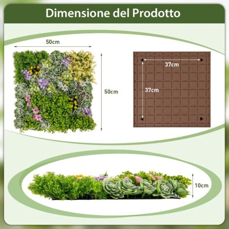 GOPLUS Set di 2 Pannelli da Parete Artificiali, 50 x 50 cm Decorazione da Parete 3D Incorniciata, Siepe Verde con 10 Tipi di Piante Finte Miste, Pannello di Erba Finta (Multicolore)