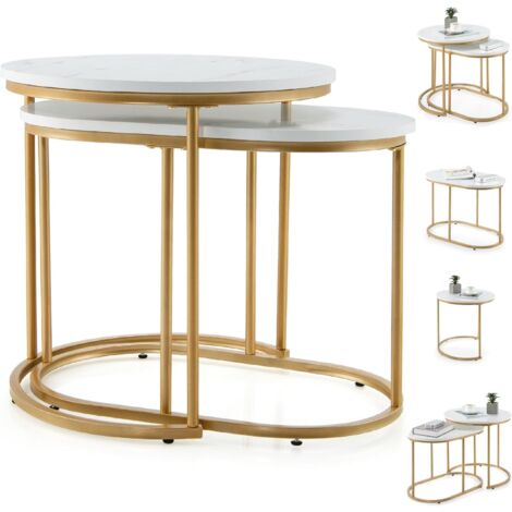 GOPLUS Set di 2 Pezzi Tavoli da Divano, 2 in 1 Tavolini Impilabili Rotondo e Ovale, Struttura in Metallo, Mobile Moderno per Soggiorno, Camera e Caffeteria, Bianco