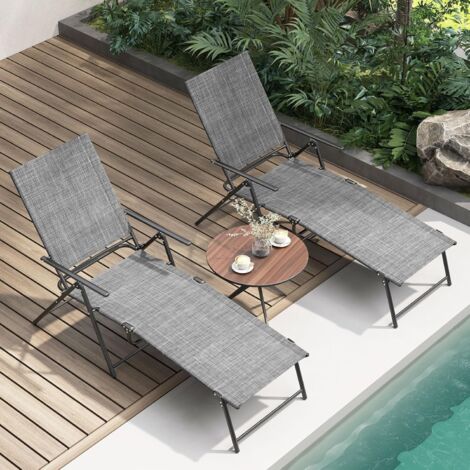 GOPLUS Set di 2 Sedie a Sdraio Pieghevoli, Sedie a Spiaggia Reclinabili con 6 Ingranaggi Regolabili, Sedie da Salotto con Braccioli per Cortile, Portico, Adulto 150 KG (Grigio)