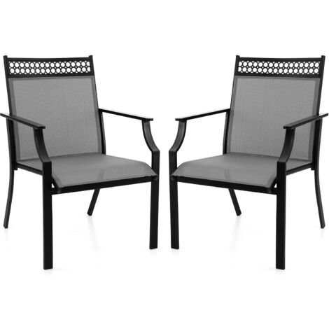 GOPLUS Set di 2 Sedie da Giardino, Sedie da Esterno con Tessuto Traspirante per Tutte le Stagioni, Schienale Alto, Braccioli Comodi, Sedia in Metallo Robusto per Prato, Cortile, Piscina (Grigio)