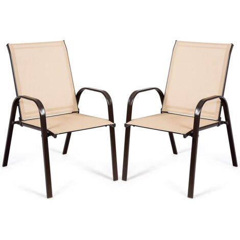 GOPLUS Set di 2 Sedie da Giardino, Sedie da Esterno da Patio Salvaspazio con Tessuto Traspirante, Set di 2 Sedie da Giardino con Braccioli e Schienale Alto per Patio Giardino (Naturale)