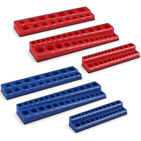 GOPLUS Set di 6 Organizzatori Magnetici per Boccole SAE e Metriche, Kit di Supporti Professionali per Boccole con Attacchi da 1/4", 3/8", 1/2" per Boccole Standard e Profonde, Rosso/Blu