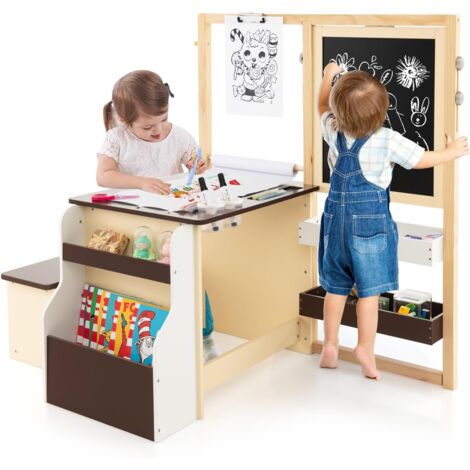 GOPLUS Set di Cavalletto con Tavolo e Panca per Bambini, Scrivania Multifunzionale in Legno con Lavagna Bifacciale, Rotolo di Carta, Scaffale, Contenitore, Mobili per Attività (Caffè)