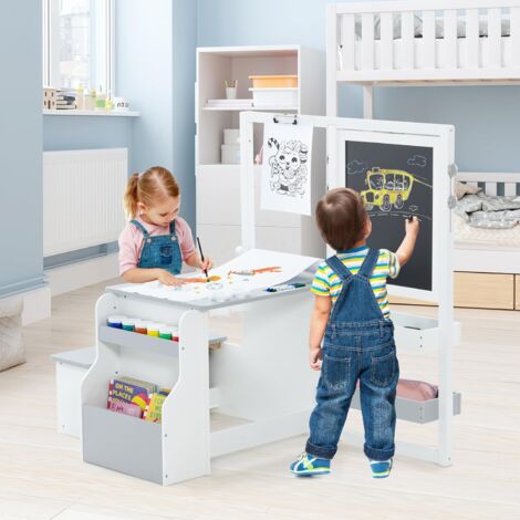 GOPLUS Set di Cavalletto con Tavolo e Panca per Bambini, Scrivania Multifunzionale in Legno con Lavagna Bifacciale, Rotolo di Carta, Scaffale, Contenitore, Mobili per Attività (Grigio e Bianco)