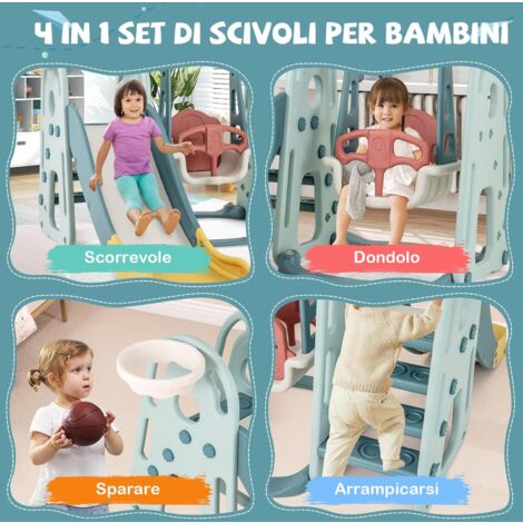 GOPLUS Set di Scivolo 4-In-1 per Bambini, Scivolo con Altalena, Canestro da Basket e Arrampicatore, Parco Giochi Interno per Bambini sopra i 18 Mesi, Regalo per Ragazzi e Ragazze
