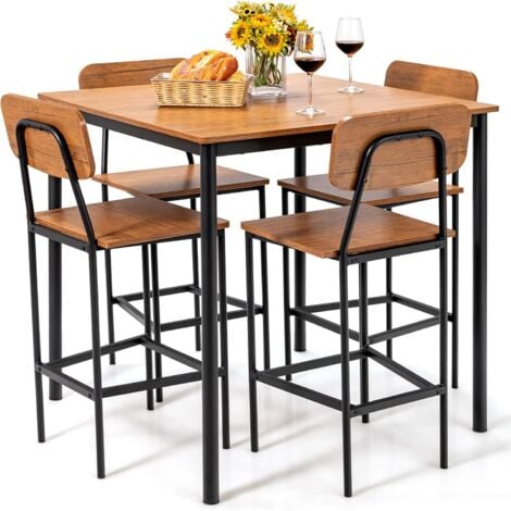 GOPLUS Set di Tavolo da Pranzo da 5 Pezzi, Set di Tavoli da Colazione da Cucina per 4 Persone, 1 Tavolo industriale e 4 Sedie per Casa, Ristorante e Caffè, Noce