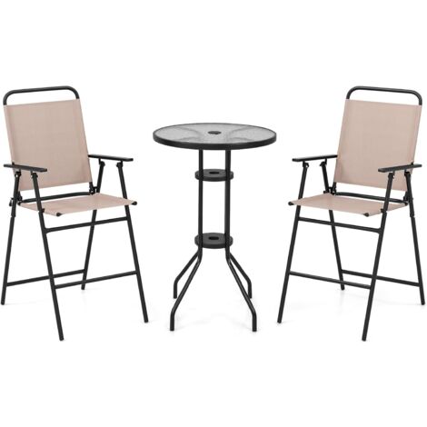 GOPLUS Set di Tavolo e Sedie, Tavolino Rotondo e 2 Sedie Pieghevoli, 40mm Foro per l'Ombrellone, Telaio in Ferro, Aspetto Moderno per Soggiorno, Giardino, Patio, Beige