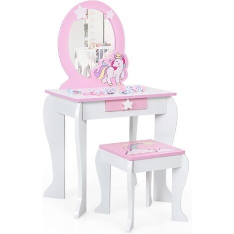 GOPLUS Set di Toeletta e Sedia per Bambine, Toeletta con Specchio e Sgabello in Stile Principessa, Mobili per Camera da Letto e Sala Giochi per Bambini, 49 x 34 x 89,5 cm (Bianco)