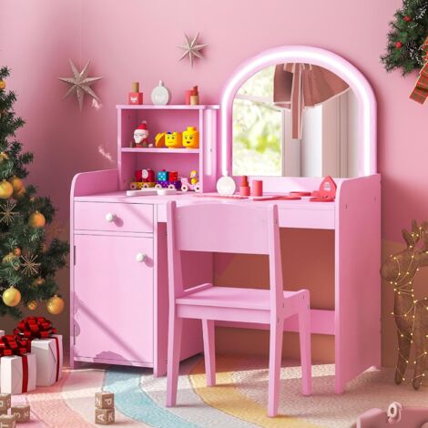 GOPLUS Set di Toeletta Trucco per Bambini 3+ Anni con Luci a 2 Colori, Tavolo Trucco e Sedia con Rpiani, Cassetto e Anta, Specchio Acrilico (Rosa)