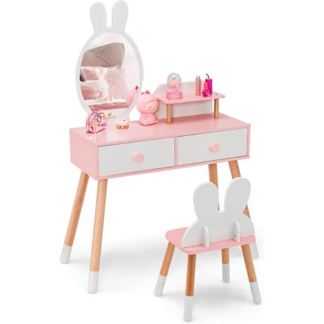 GOPLUS Set di Toelette per Bambini con Specchio, Tavolo da Trucco 2 in 1 con Sgabello a Forma di Orecchio di Coniglio e Specchio, 78 x 37 x 110 cm (BIANCO)