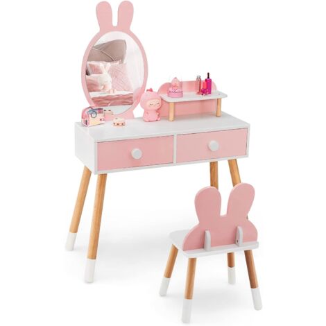 GOPLUS Set di Toelette per Bambini con Specchio, Tavolo da Trucco 2 in 1 con Sgabello a Forma di Orecchio di Coniglio e Specchio, 78 x 37 x 110 cm (ROSA)