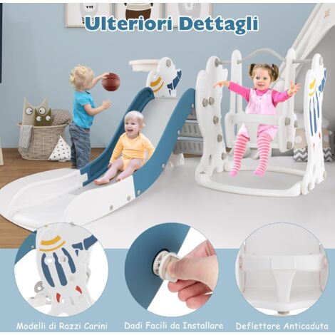 GOPLUS Set Scivolo e Altalena 4-in-1, Gioco da Interno con Motivo a Razzo, Scivolo Liscio, Altalena, Arrampicata, Canestro da Basket e Pallone, Giocattolo Scivolo per Bambini 18 Mesi +
