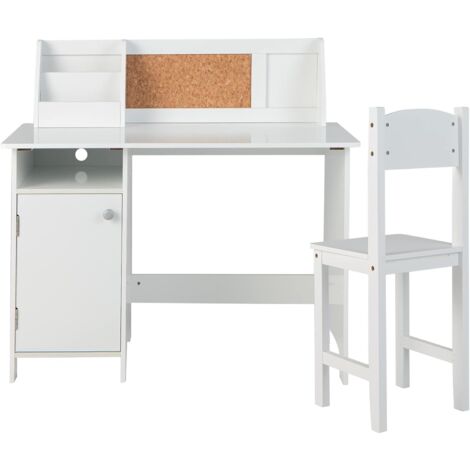 GOPLUS Set Scrivania e Sedia da Studio per Bambini, Tavolo da Studio per Bambini con Mensola e Armadio, Scrivania per Bambini con Gambe in Legno, per Case, Scuole, Bianco