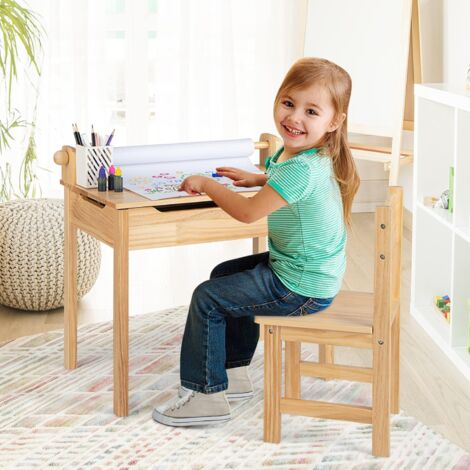 GOPLUS Set Scrivania e Sedia per Bambini con Sedia per Cameretta, Tavolo da Disegno per Bambini con Rotolo di Carta e 2 Pennarelli, Naturale
