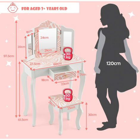 GOPLUS Set Tavolo da Trucco e Sgabello per Bambini, con Specchio Pieghevole, Cassetto Singolo, Piano Rimovibile, Curve Arrotondate, Scrivania Trucco 2 in 1 Adatto ai Bambini dai 3 ai 7 Anni (Stile 2)