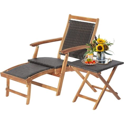 GOPLUS Set Tavolo e Sedia in Rattan, Poggiapiedi Retrattile, Lettino con Tavolino Pieghevole con per Giardino, Balcone, Piscina
