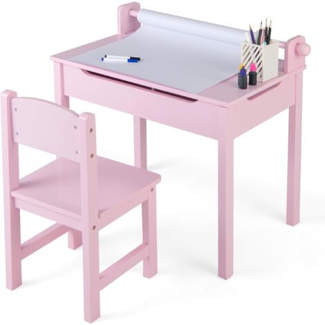 GOPLUS Set Tavolo e Sedia per Bambini, Tavolo da Disegno con Rotolo di Carta per Bambini, Scrivania con Spazio di Archiviazione & Gambe in Legno di Pino, per Disegnare, Studiare (Rosa)