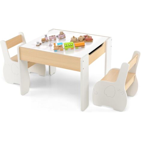 GOPLUS Set Tavolo e Sedie per Bambini a 3 Pezzi, con Schienale, Piano Rimovibile, Tavolo Attività 4-in-1 con Motivo Elefante per 3-6 Anni, Adatto per Camera da Letto, Salotto, Sala Giochi (Bianco)