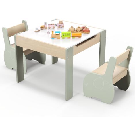 GOPLUS Set Tavolo e Sedie per Bambini a 3 Pezzi, con Schienale, Piano Rimovibile, Tavolo Attività 4-in-1 con Motivo Elefante per 3-6 Anni, Adatto per Camera da Letto, Salotto, Sala Giochi (Verde)