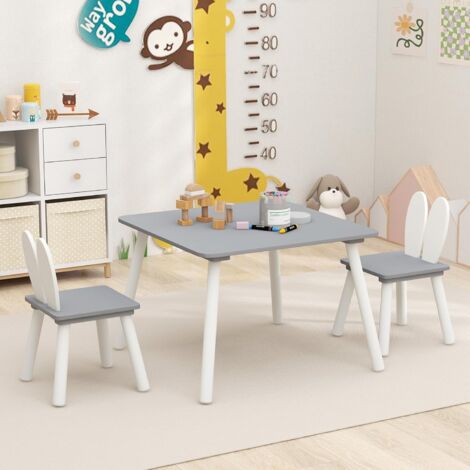 GOPLUS Set Tavolo per Bambini con 2 Sedie, Tavolo per Bambini, Gambe in Legno Massiccio, per Cameretta dei Bambini, Schienale Ergonomico a Orecchie di Coniglio e Ampia Seduta (Grigio)