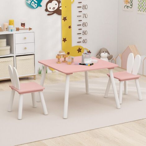 GOPLUS Set Tavolo per Bambini con 2 Sedie, Tavolo per Bambini, Gambe in Legno Massiccio, per Cameretta dei Bambini, Schienale Ergonomico a Orecchie di Coniglio e Ampia Seduta (Rosa)