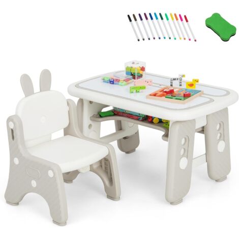 GOPLUS Set Tavolo per Bambini con Sedia, Tavolo Artistico con 2 Vassoi Reversibili, Tavolo Attività con Lavagne Magnetiche, Cestino Portaoggetti, per Bambini 1-12 Anni, Grigio