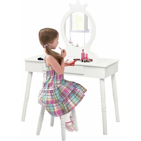 GOPLUS Set Toeletta e Sgabello per Bambini, Toeletta con Specchio per Trucco, con Cassetto e 4 Gambe in Legno, Tavolo da Trucco Stabile (Bianco)