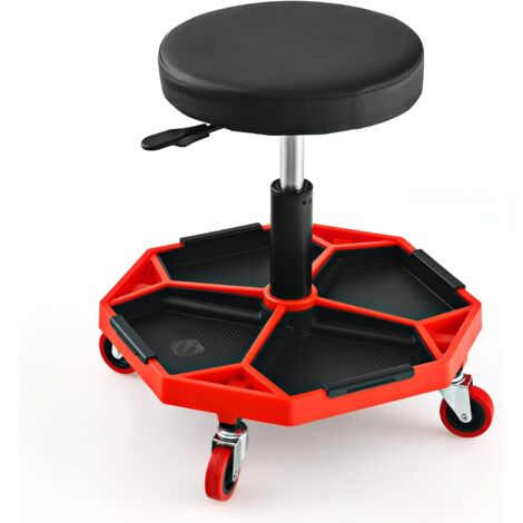 GOPLUS Sgabello da Officina, Banco di Riparazione Auto a 4 Ruote, Altezza Regolabile, Portata di 150 kg, Stoccaggio Utensili, con Ripiano Porta Attrezzi, Sedile Imbottito