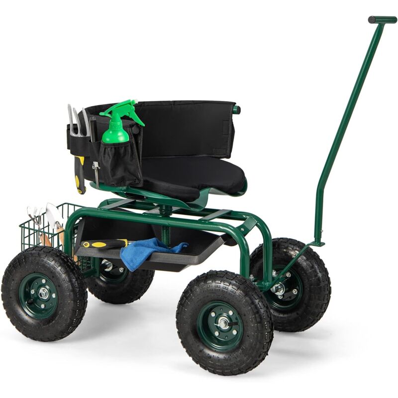 Siège de Jardin Roulant, 2 Poignées de Direction, Tabouret de Jardinage Roulant avec Siège Pivotant 360°& Hauteur Réglable(42 à 52cm), Extérieur,