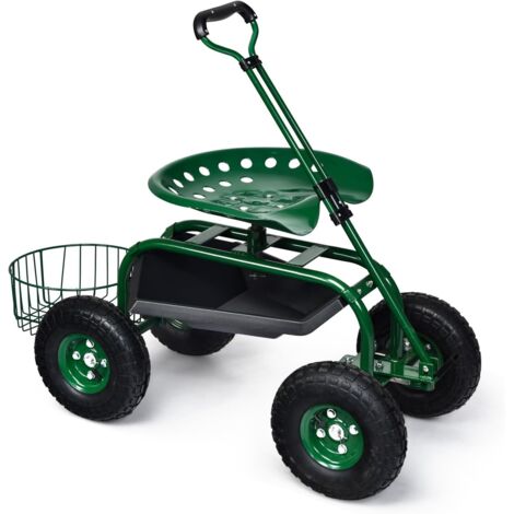 GOPLUS Siège de Jardin Roulant avec 2 Plateau à Outils, Poignée Ronde Extensible, Panier de Rangement, Siège Hauteur Réglable 45,5-54,5cm avec 4 Roues en Caoutchouc, Vert (avec Poignée)