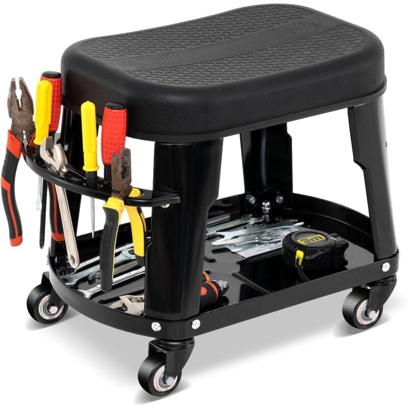 Siège Roulant de Garage Tabouret de Mécanicien avec Roulettes,Siège Amovible,avec Plateau à Outils,Charge 136KG - Goplus
