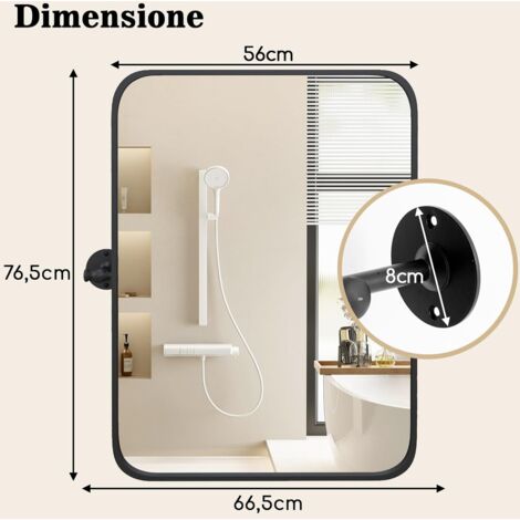 GOPLUS Specchio da Bagno con Cornice in Metallo Nero, Specchio Rettangolare da Parete con Angoli Arrotondati e Staffe per Inclinazione, Specchio Decorativo Moderno, Verticale/Orizzontale