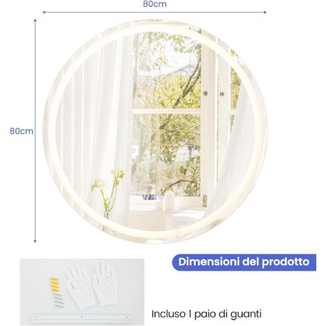 GOPLUS Specchio da Bagno Quadrato/Rotondo a LED Antiappannamento, Specchio da Parete Impermeabile, con 3 Colori di Luminosità Regolabile, Specchio per Trucco per Bagno, Salotto (Rotondo)