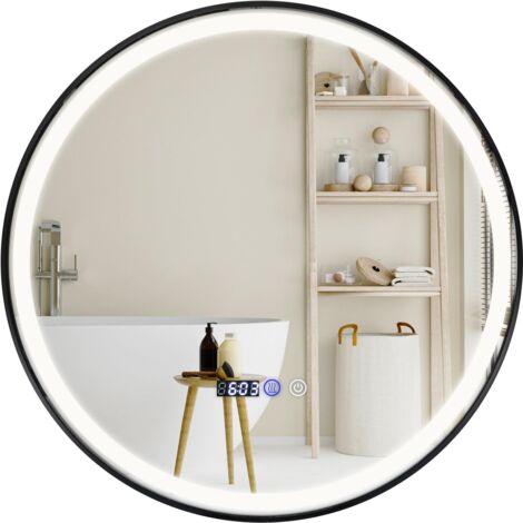 GOPLUS Specchio da Bagno Rotondo 60cm, Specchietto da Trucco HD Infrangibile con Luce Dimmerabili a 3 Colori, Funzione di Oscuramento e Memoria, Display Ora/Temperatura, Specchio da Parete