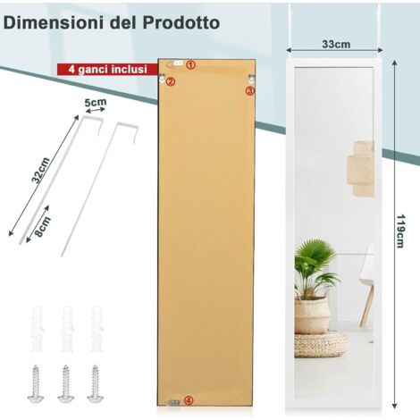 GOPLUS Specchio da Parete a Figura, 119 x 33 cm, con Ganci Antiruggine e Adesivi, Specchio Verticale da Porta Antinfortunistico per Camera da Letto Soggiorno Spogliatoio (Bianco)
