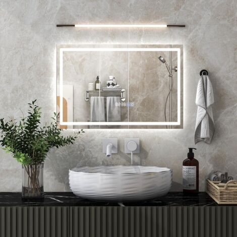GOPLUS Specchio da Parete Anti-appannamento Dimmerabile, Rettangolare 60 x 40 cm, con 3 Colori, Funzione Memoria, Display Ora/Temperatura, Specchio da Parete per Bagno, Soggiorno, Sala da Pranzo