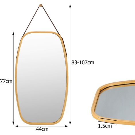 GOPLUS Specchio da Parete con Cornice in Bambù e Cinturino Regolabile in Pelle, Specchio Decorativo, Specchio da Parete per Ingresso/Camera da Letto/Soggiorno/Bagno, Colore del Legno