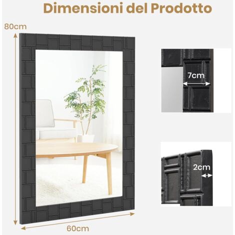 GOPLUS Specchio da Parete con Cornice in Legno, 80 x 60 cm, Specchio Rettangolare con Cornice in Legno di Gomma Naturale, Ganci in Metallo, Montaggio Verticale e Orizzontale, Specchio Decorativo