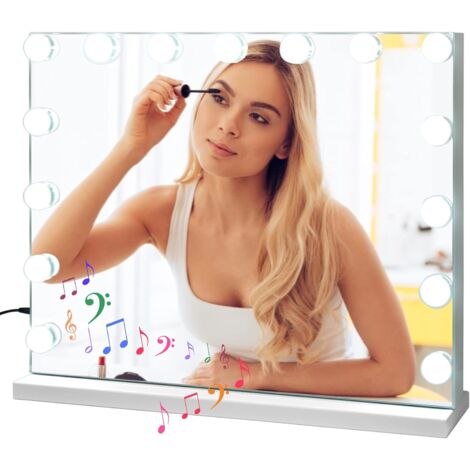 GOPLUS Specchio da Toeletta con Luci, 58 x 48 cm, per Trucco con 15 Lampadine a LED Dimmerabili, Abilitato a Bluetooth, Porta di Ricarica USB, 2 Altoparlanti e Ingrandimento 10X, da Tavolo o a Muro