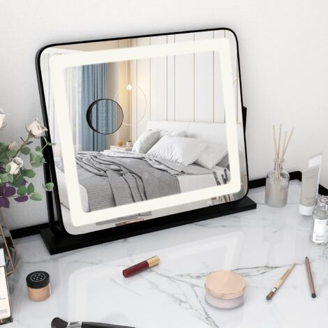 GOPLUS Specchio da Trucco con Luci, Specchio da Tavolo a 3 Colori e luminosità Regolabili, Specchio Cosmetico con Touch Screen, Ingrandimento 5x e Supporto in Metallo, 56 x 12 x 48 cm, Nero