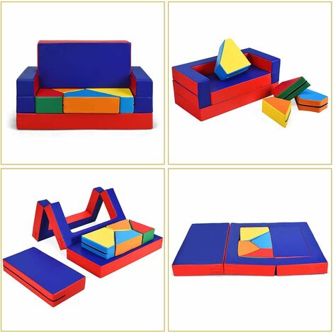 GOPLUS Spielsofa mit Bettfunktion, 4-In-1 Kindersofa aus Schaumstoff, Matratze Multifunktional Spieltisch Puzzle Sofa, Kindersessel Faltbar mit 4 Bausteinen, Paedagogisches Spielzeug (Bunt)