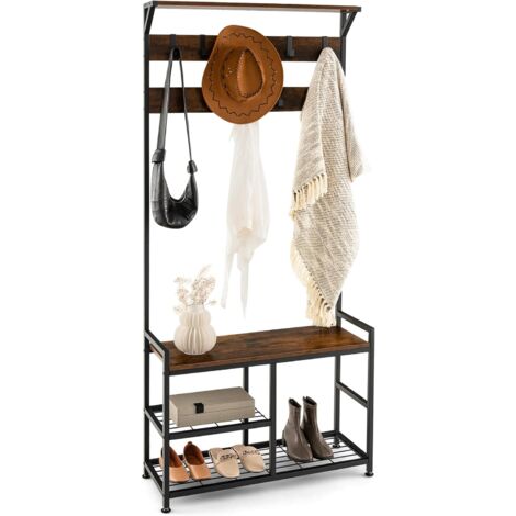 GOPLUS Stand Appendiabiti con Panca, Attaccapanni in Metallo con 9 Ganci e Scarpiera, Scaffale per Corridoio, Camera da Letto, Soggiorno, Marrone Vintage, 84 x 30,5 x 183 cm