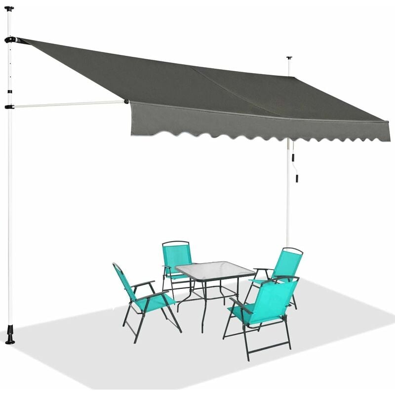 Store Banne Manuel Rétractable, Auvent Balcon Terrasse Rétractable sans Percage, Hauteur Réglable 2-3M, 3,5x1,2M, Gris - Goplus