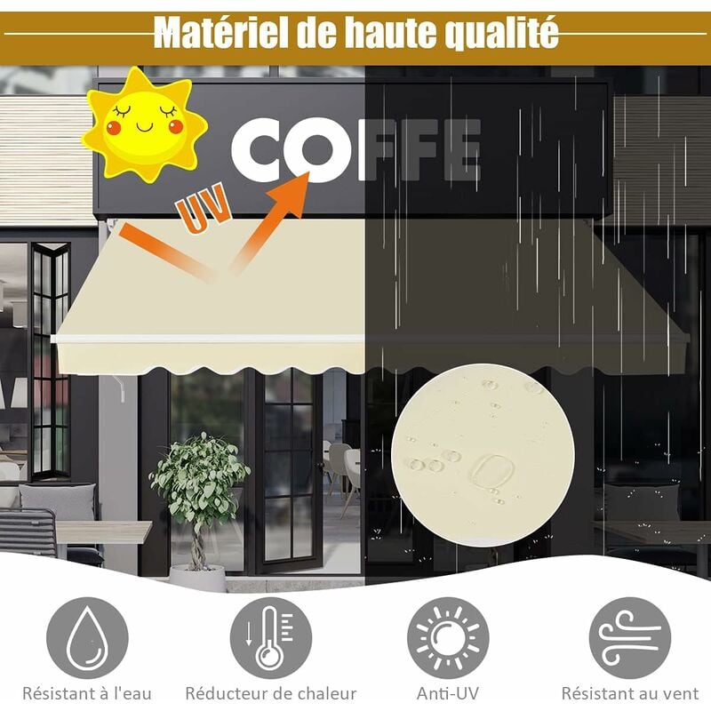 Store Banne Retractable, Auvent d'Abri Manuel en Aluminium et Tissu Resistant aux uv et a l'eau avec Manivelle et Angle Reglable 5-35°pour Balcon,
