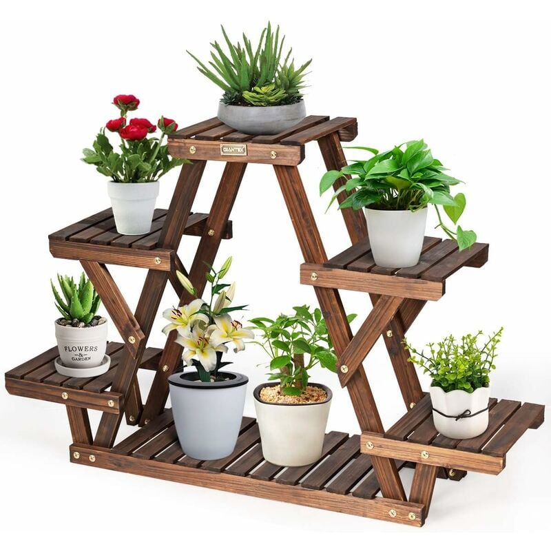 Support de Plantes avec 4 Etageres, Supports de Fleurs de 5 Pots en Bois, Stockage d'etagere de Pot de Support de Plantes en Bois a Plusieurs