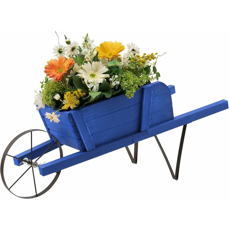 Goplus - Support de Plantes en Forme de Brouette en Bois, Support de Pots de Fleurs décoratif avec Roue en métal, 9 Accessoires, Bleu