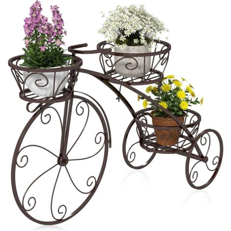 GOPLUS Support de Plantes en Forme de Tricycle Vintage, Support pour Pots de Fleurs en Métal avec 3 Paniers Creux, Style Parisien Elégant pour Terrasse, Jardin (Bronze)