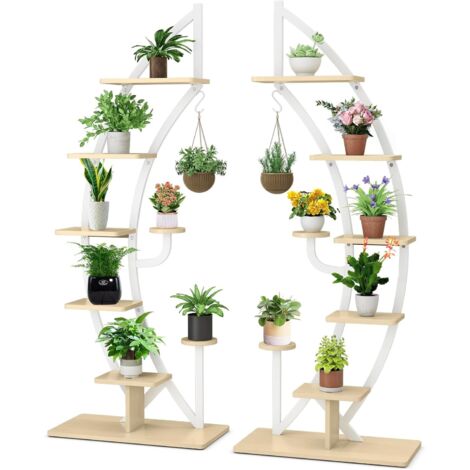 GOPLUS Support Plantes Interieur en Métal à 6 Niveaux, 2 Porte Plante Interieur Incurvé et 14 Étagère pour Jardinière en Forme de Demi-lune avec Crochet, Présentoir Bonsaï pour Salon, Balcon